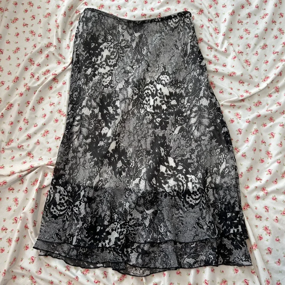 vintage black & white lace patterned ruffle midi‎ skirt